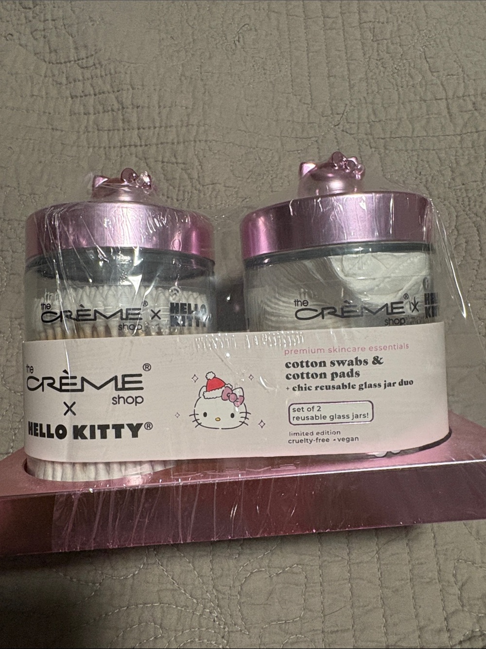 The Crème Shop x Hello Kitty Pink Reusable Glass Jar Duo - Cotton Swabs & Pads